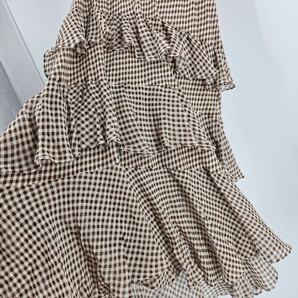 RIXO Preslee Tiered Ruffle Maxi Skirt Brown Gingham Boho Festive Flowy Prairie 8 - Picture 3 of 9